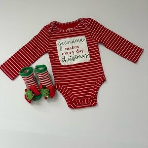 Mud Pie Red Striped Christmas Baby Onesie and socks 0-3 M